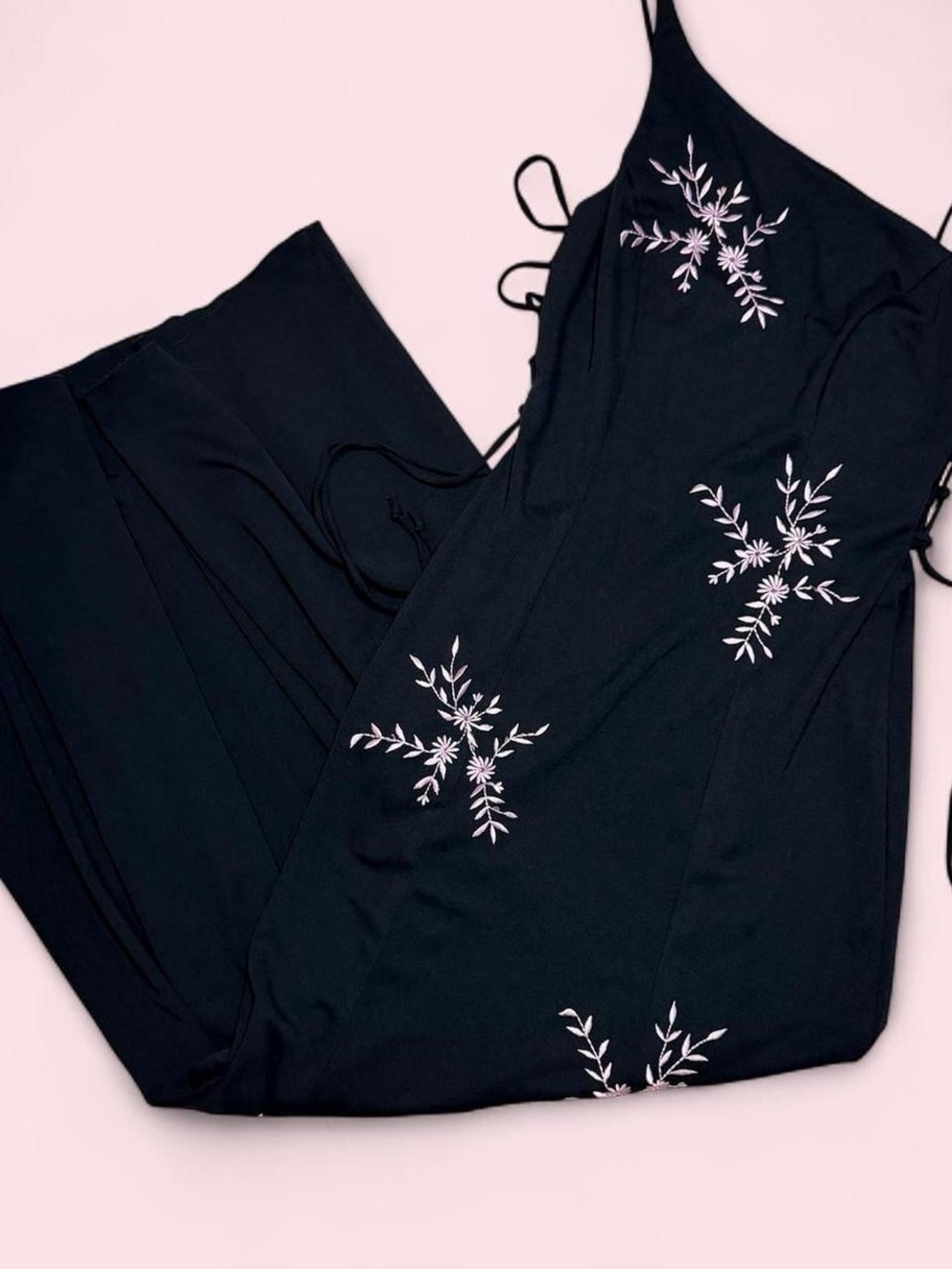 B Darlin Black Slip Dress with White Floral Embroidery